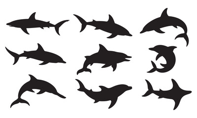 Black Silhouettes of Sharks and Dolphins Vector Illustration