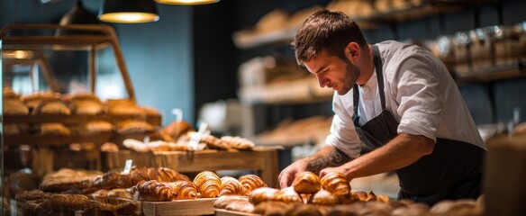 The dedicated baker carefully arranging fresh pastries in a modern bakery.