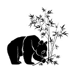a black and white illustration of a bear eating a branch of bamboo from a tree bamboo, bear, black, branch, eat, illustration, panda, plant, silhouette, stand, tree , Generative art.