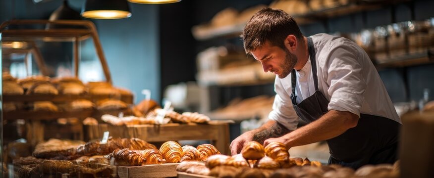 The dedicated baker carefully arranging fresh pastries in a modern bakery.