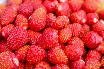 Rich red wild strawberries, gathered together, create a vibrant and appetizing background. These...