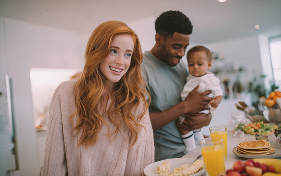 A woman with red hair, wearing a pink shirt, is sitting at a kitchen table, eating and drinking orange juice while looking into the camera. Behind her, her black baby boy is playing on the floor.