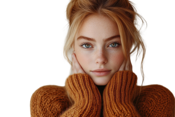 Young woman with striking blue eyes and freckles posing softly in a cozy sweater, embracing a warm, serene expression in natural light setting.