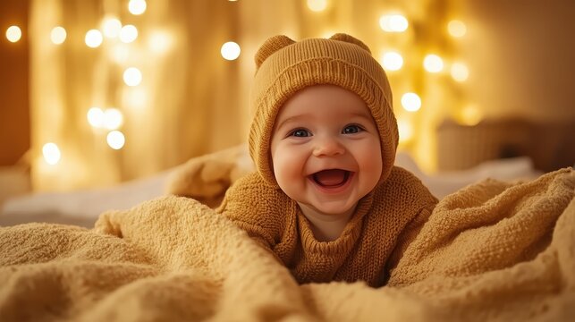 An adorable baby wrapped in a cozy golden knit blanket and hat, smiling brightly in a softly lit environment filled with warm twinkling lights creating a joyful atmosphere.