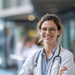  A female doctor smiling and standing in front of the hospital entrance, wearing glasses with her arms crossed over one another while looking at camera. 