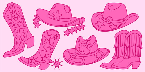 Pink disco cowgirl boots and hats set with stars, fringe details, western fashion accessories for party. Retro rodeo footwear decorated with lightning bolts, sparkles, vintage country style items.