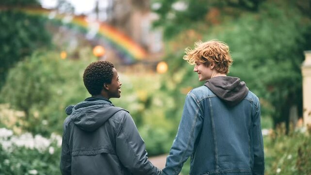 LGBTQ+ Couple Walking Hand in Hand in City Park