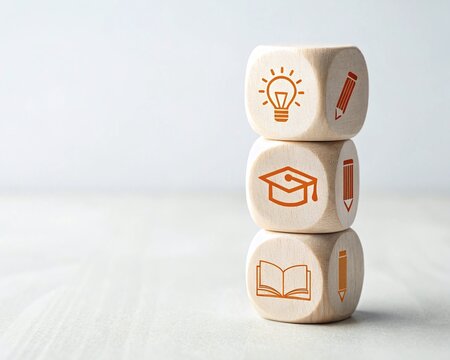 Education Journey: Idea, Graduation, and Book Icons on Wooden Cubes