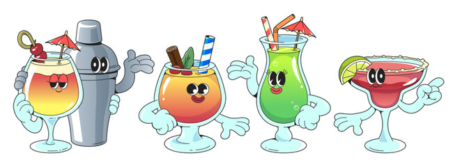 Obraz premium Groovy cocktail set with cartoon personalities - tropical drinks with expressive eyes, gloved hands making gestures. Glasses with summer beach beverages smiling, hugging, waving arms and pointing.