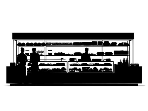 a black and white illustration of a bakery with shelves filled with food and bread bakery, black, bread, counter, fill, food, illustration, shelf, silhouette, stand, store , Generative art.