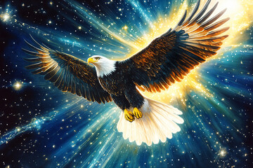 Vivid cosmic illustration of a proud bald eagle flying through the endless starry space. The glowing blue galactic background adds a mystical, limitless atmosphere. 