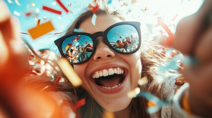 A joyful woman celebrates life amidst a shower of confetti, capturing the essence of happiness and excitement in social gatherings, reflecting the spirit of fun and connection.