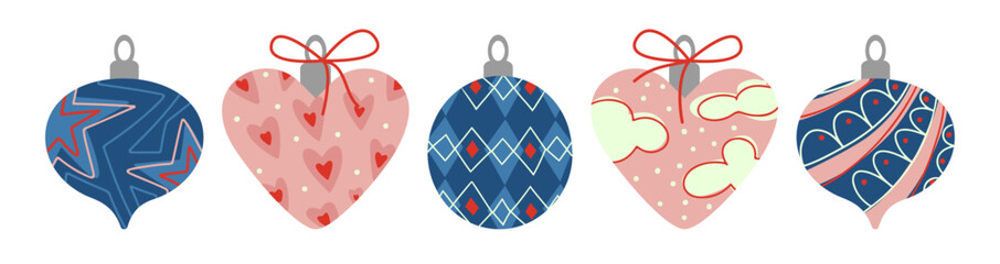 Pink and blue vintage xmas bauble ornaments with heart shapes, geometric patterns, ribbons. Classic Christmas decorations. Retro holiday collection for festive cards, seasonal design projects.