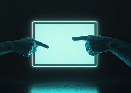 Two hands pointing at a glowing tablet screen