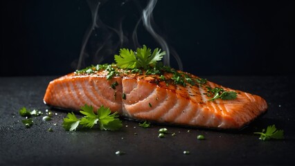 Grilled Salmon Fillet with Parsley on Dark Background
