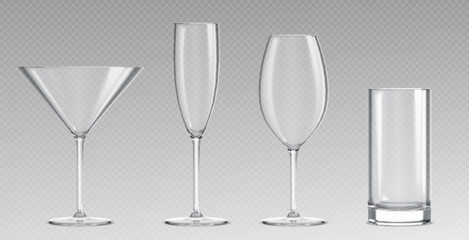 Empty glass collection with martini, wine goblet and tall tumblers on transparent background. Clear crystal drinkware set for cocktails, beverages or bar service. Realistic glassware shapes for cafe.