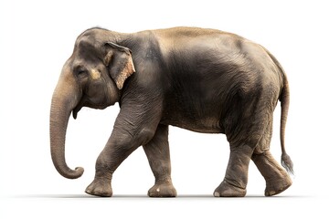 Close-up side profile of an adult elephant with wrinkled skin and earthy tones, set against a white background. Great for animal studies, conservation designs, or nature-based visuals.