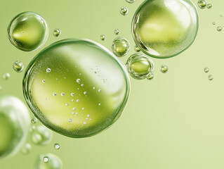Green Skincare Serum Bubbles And Oil Drops In Liquid On Green Background