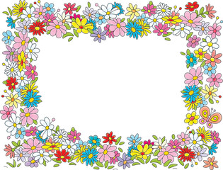 Cartoony birthday card, frame border, wreath and holiday background with colorful summer flowers and butterfly, vector cartoon illustration on white