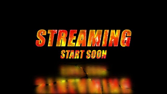 fiery animated streaming soon overlay with reflection for live stream intros, pre-show waiting screen, gaming, events, adobe stock optimized, full hd