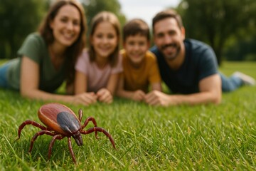 Happy family, including mother, father, daughter, and son, lies on green grass, unaware of tick crawling nearby. Summer day in park represents potential danger of Lyme Disease