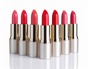 Obraz premium Vibrant lipstick tubes arranged in glossy style on white