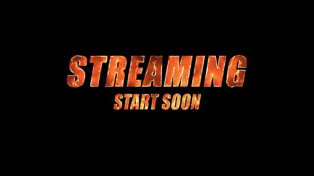 streaming soon animated overlay for live streams, fiery orange text effect, pre-show waiting screen, gaming and event intro, adobe stock ready, full hd