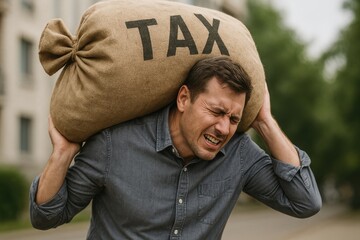Man grimaces, carrying heavy bag with TAX written on it over his shoulder. He appears burdened, feeling pressure from tax expenses. Background shows blurry building and greenery