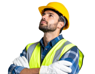 A photorealistic image of a male construction worker wearing a yellow safety helmet