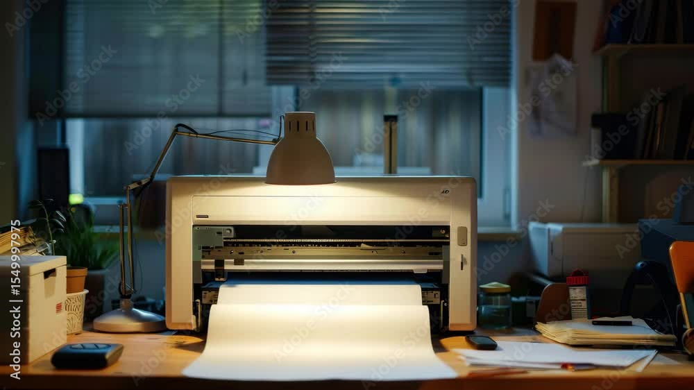 Aufkleber home office workstation with printer in use, illuminated by warm desk lamp during evening hours