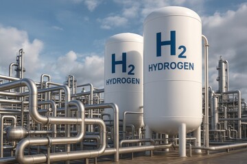 White Hydrogen storage tanks stand at production plant. A complex network of metal pipelines fills foreground. The sky above is partly cloudy. Processing towers rise in background