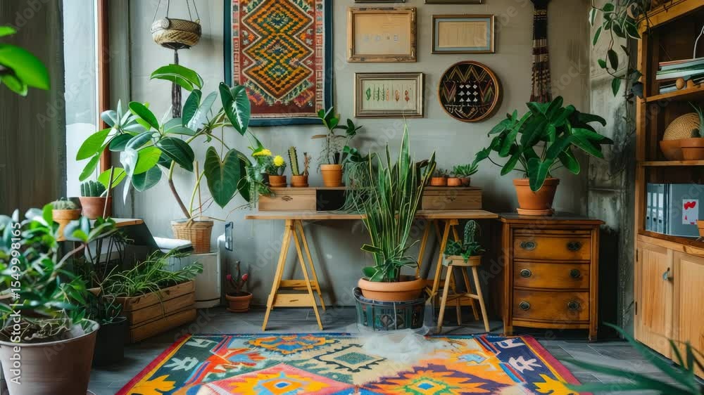 Poster stylish home office with plants and colorful rug in modern interior space creating a warm and inviti