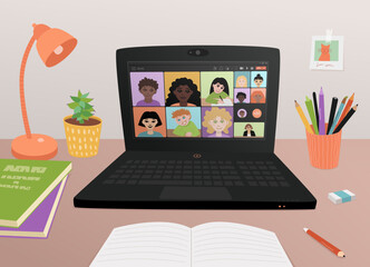 Contemporary digital education - lesson in teams online, children class during remote studying, distance learning. Laptop on a table with stationery, opened workbook, pencils. Student's desk novadays.