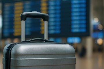 Silver luggage waits in airport terminal. Departure information board displaying flight schedules in the distance. Travel and transportation concept
