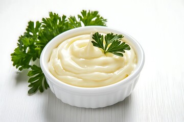 Bowl with tasty mayonnaise on grey table, closeup