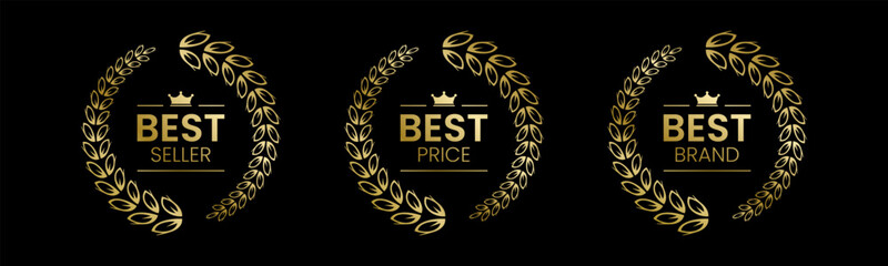 Best Seller, Best Price, Best Brand Set Vector Illustration. In A Realistic Gold with Laurel Wreath. Isolated on black