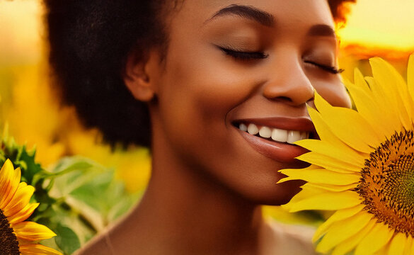 Summer Scene with Happy Woman Smelling Sunflower in Flower Field