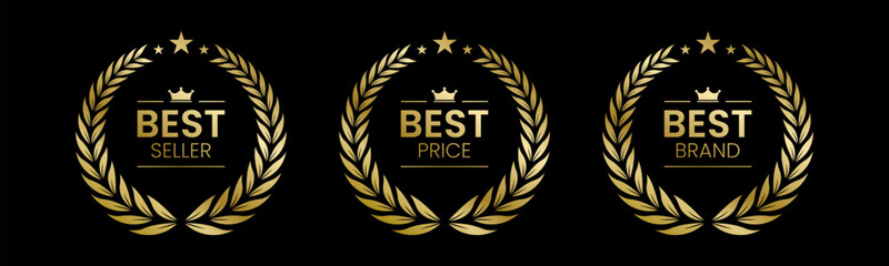 Best Seller, Best Price, Best Brand Set Vector Illustration. In A Realistic Gold with Laurel Wreath. Isolated on black