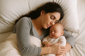 mother peacefully sleeps with her baby nestled in her arms on white bed. They are resting comfortably during daytime, fostering close maternal bond and promoting infant health