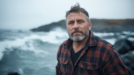 A contemplative man standing near a rugged coastline, looking out over the ocean, reflecting on life amidst the dramatic and inspiring backdrop of nature's beauty.