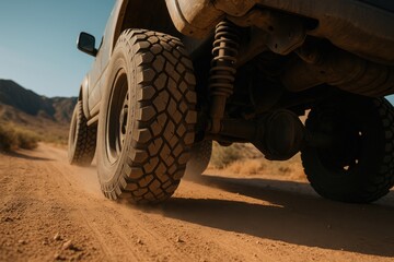 Car drives across dusty desert path. Rear tires kick up dust. Vehicle suspension and differential are visible. Background displays desert landscape and distant mountains under a blue sky
