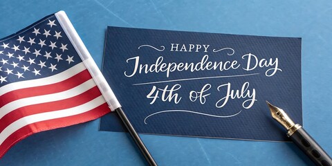 Happy independence day 4th of july greeting card with american flag and fountain pen