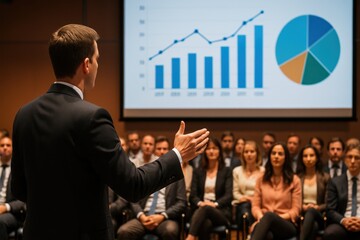 A man in a dark suit presents to an audience at a conference. Behind him, projector screen displays financial graphs and pie chart. Audience is seated and listening