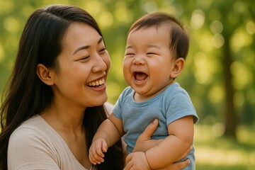 Asian mother holds her adorable baby son, who is laughing joyfully. Both are smiling, enjoying a sunny day in a park. Green foliage creates a soft, blurred background