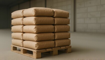 Stacked cement bags on wooden pallet in industrial warehouse setting  