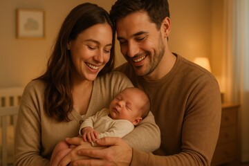 Smiling mother and father hold their newborn baby closely in nursery. They are looking down at their sleeping child with great affection. Crib and lamp are visible in the background