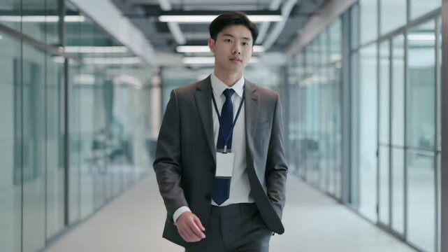 Confident young Asian businessman walking through modern office corridor, wearing ID badge. Bright, sleek corporate environment with glass walls and soft reflections. Professional, calm atmosphere wit