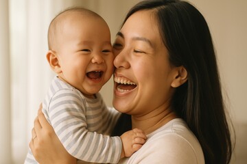 Mother holds her adorable baby close. Both are laughing heartily, displaying open mouths and bright eyes. Happiness and love are evident in their expressions
