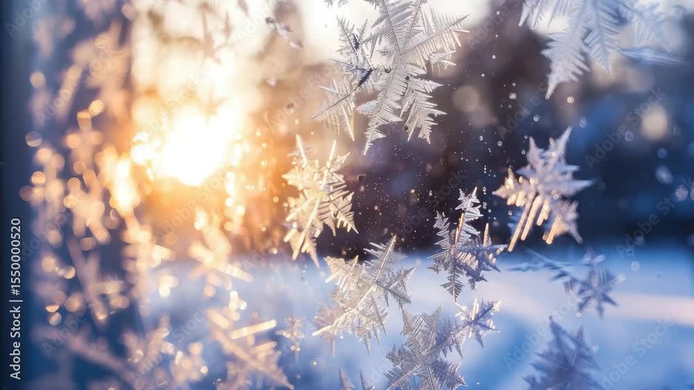 Poster beautiful winter sunlight through frosted window with intricate snowflakes at dawn in a serene outdo