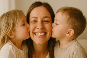 A smiling Mother closes her eyes as her young daughter and son kiss her cheeks simultaneously. This intimate moment captures the deep bond and love within family